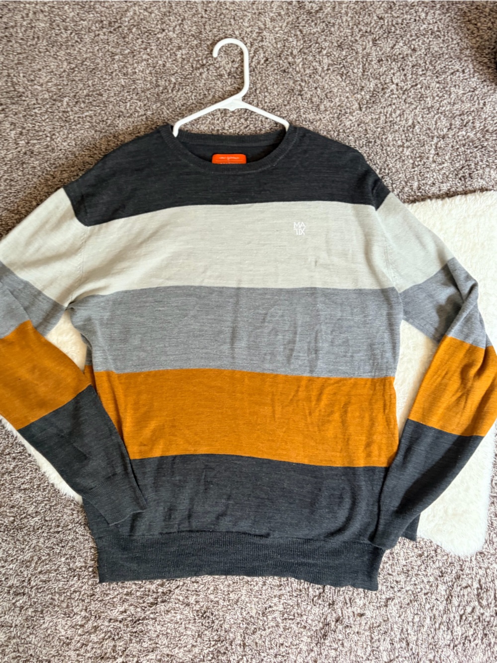 Matix Striped Crewneck Sweater in Charcoal, Light Gray & Mustard